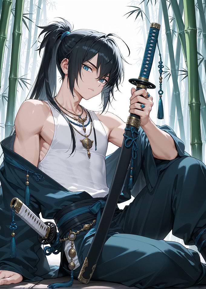 Anime Samurai with Katana in Bamboo Forest