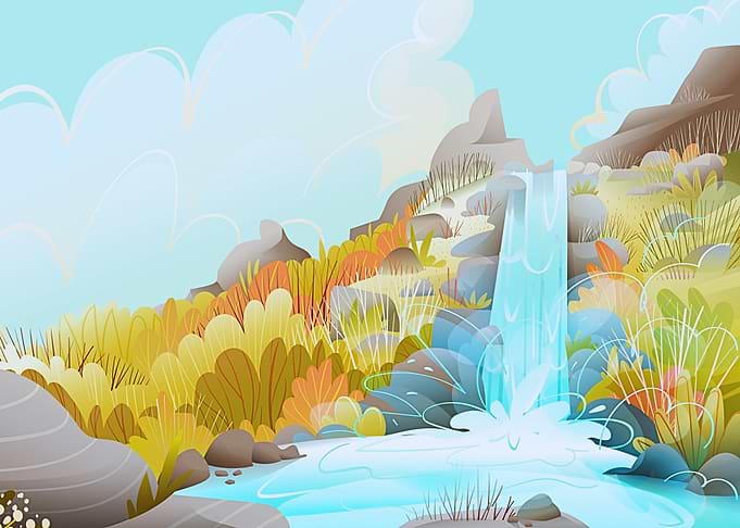 Cartoon Waterfall Landscape Illustration