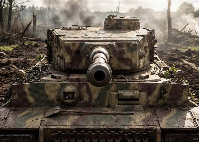Camouflaged Tank in Battlefield Setting