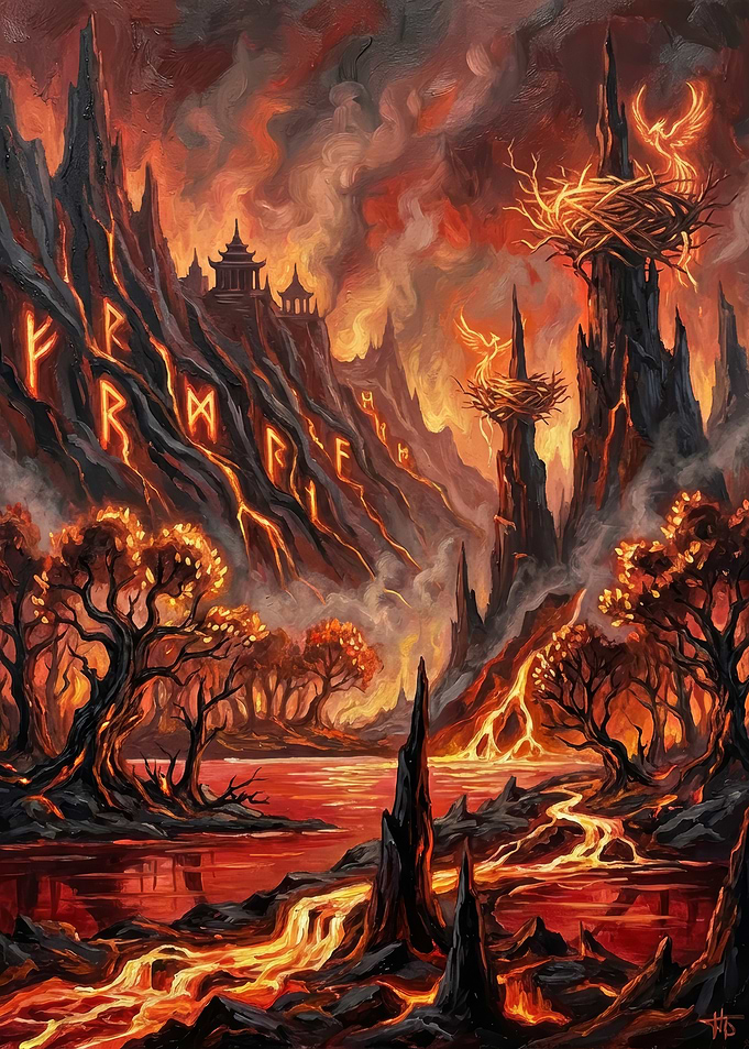 Fiery Fantasy Landscape with Runes