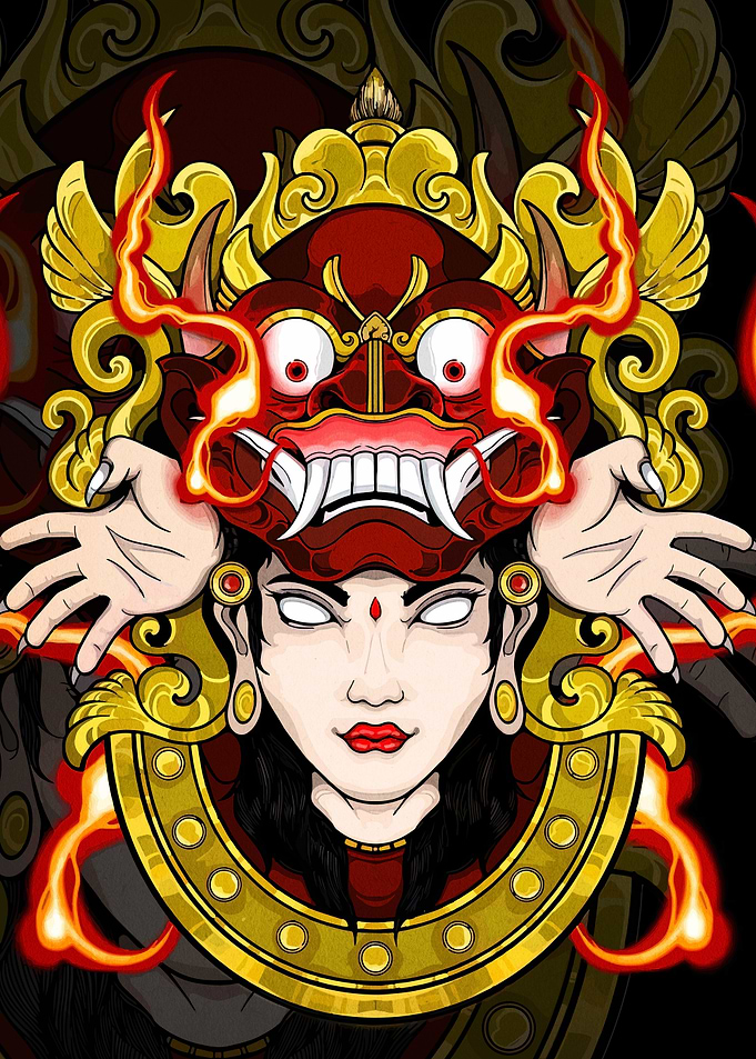 Balinese Woman with Mask and Flames