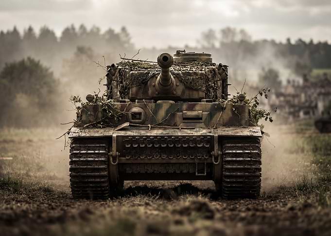 Camouflaged Tiger Tank in Battlefield Setting