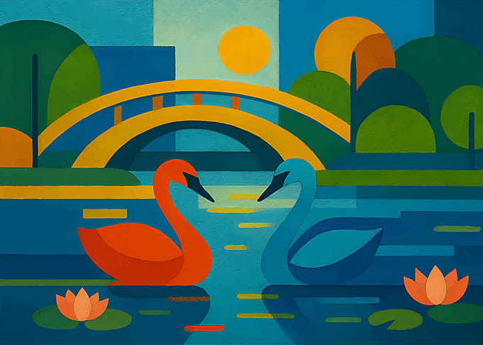 Geometric Swans in Park Painting