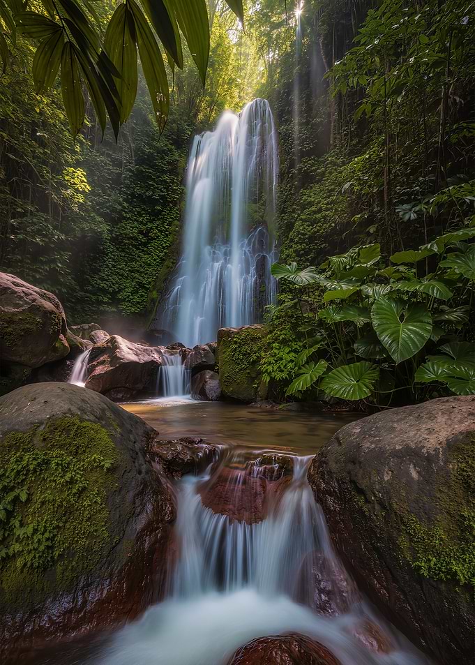 Lush Waterfall in Tropical Forest
