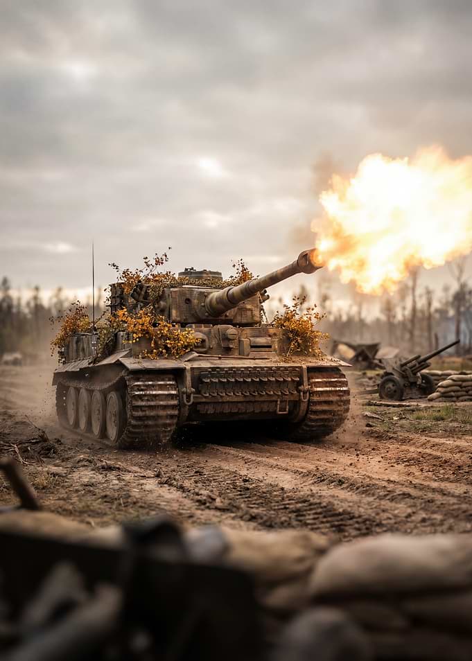 Tank firing on a battlefield
