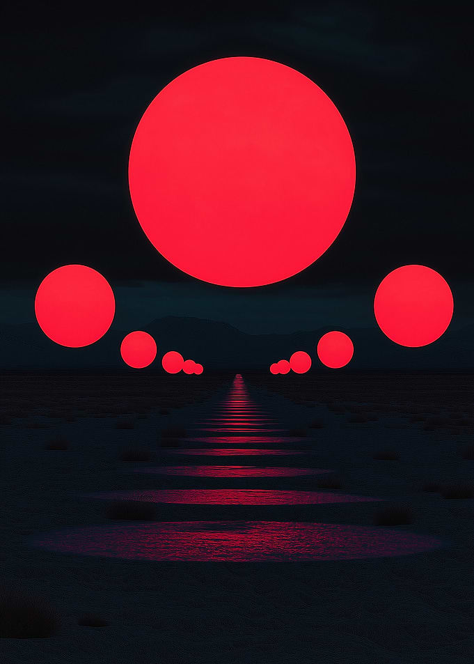 Red Spheres in Dark Landscape