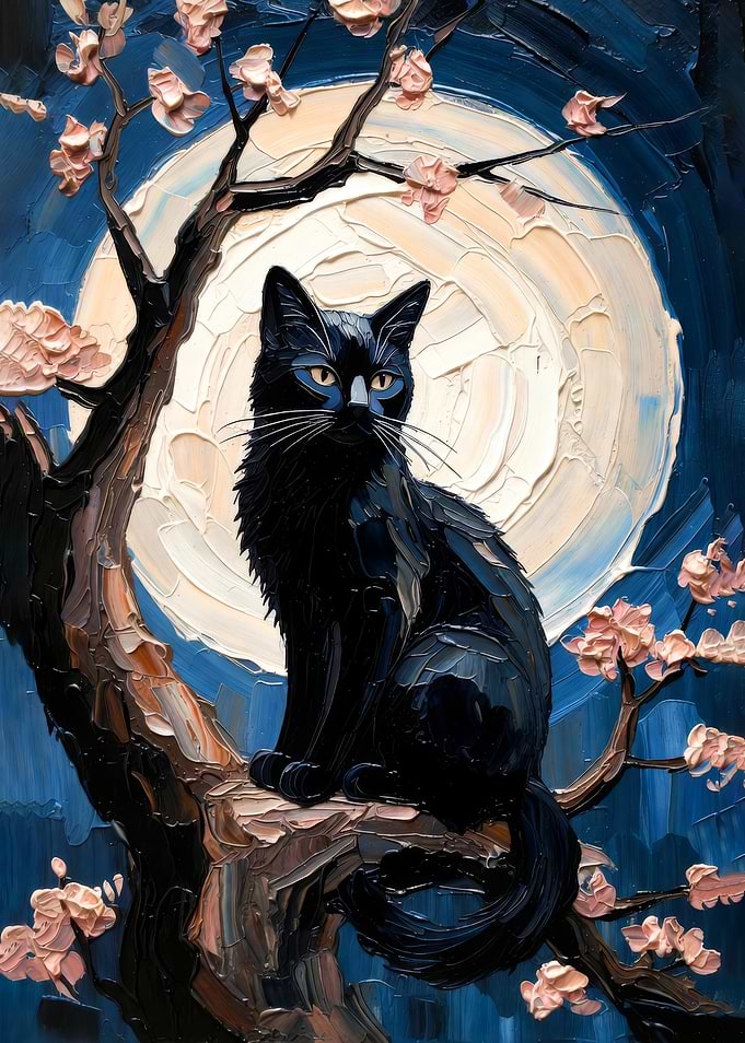 Majestic Black Cat Under Impasto Full Moon - Nocturnal Oil Painting