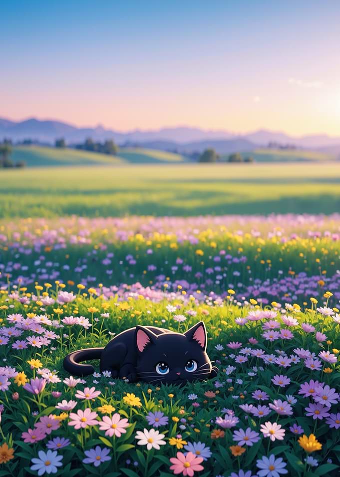 Black Cat in Flower Field
