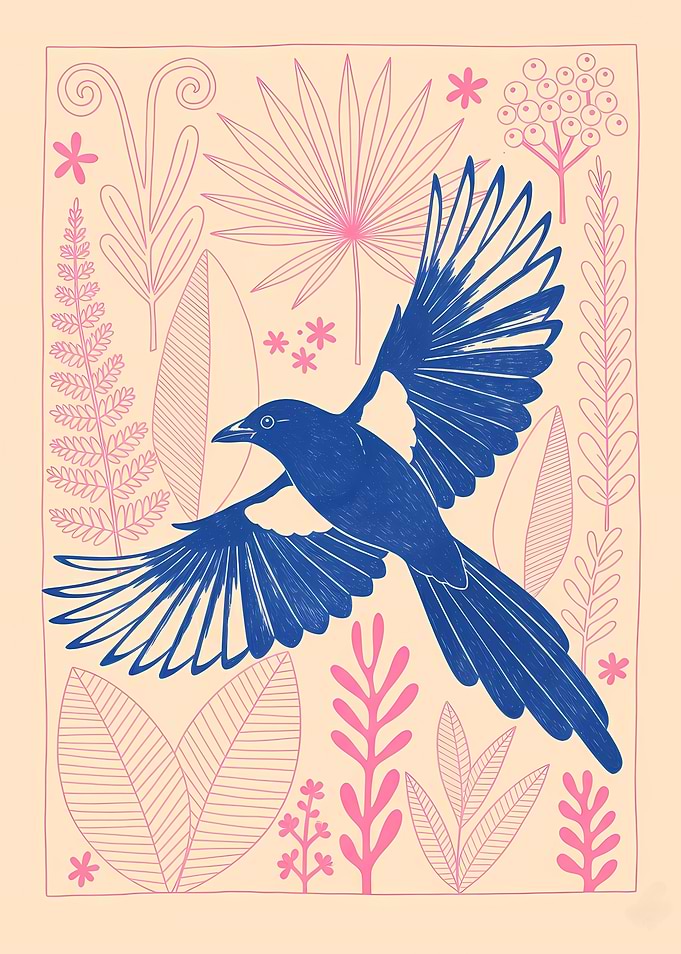 Blue Magpie in Flight with Flora