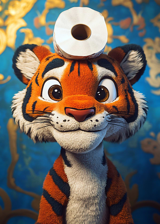 Cartoon Tiger with Toilet Paper on Head
