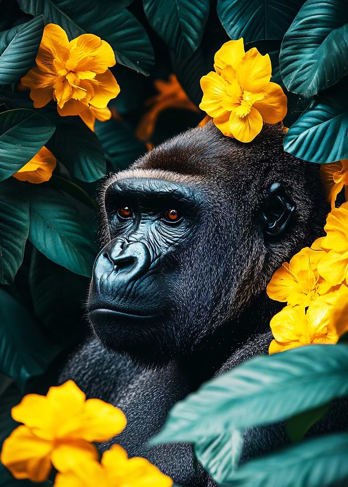 Gorilla with Yellow Flowers Portrait