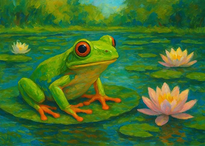 Green Frog on Lily Pad Painting