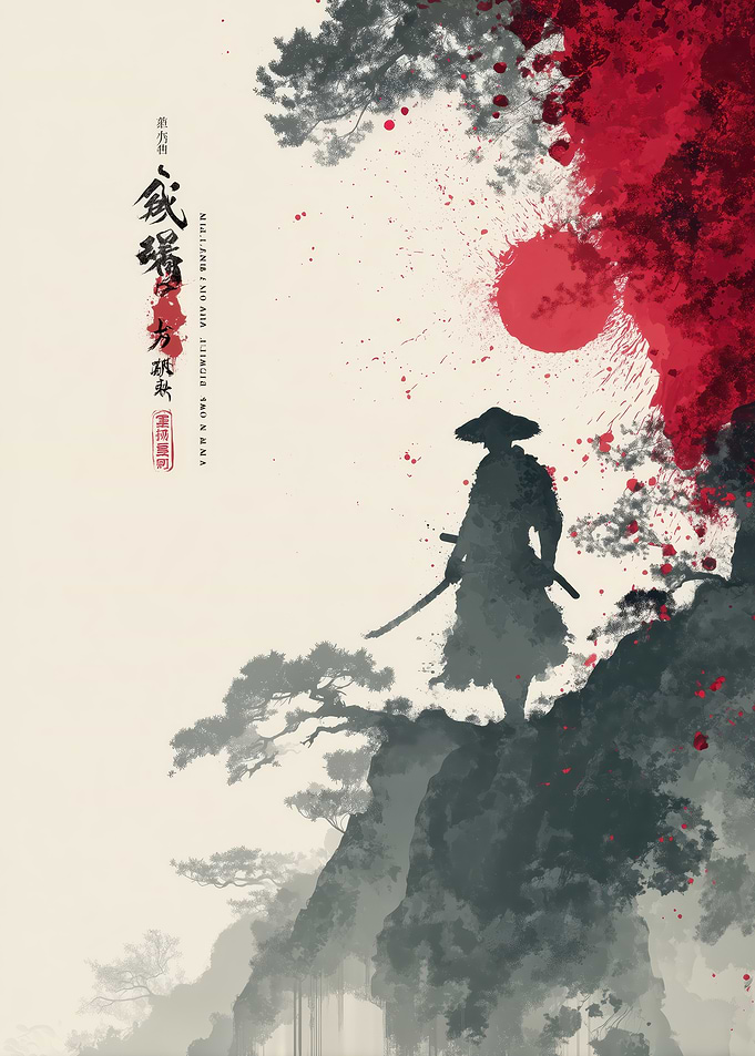Samurai Silhouette with Red Sun
