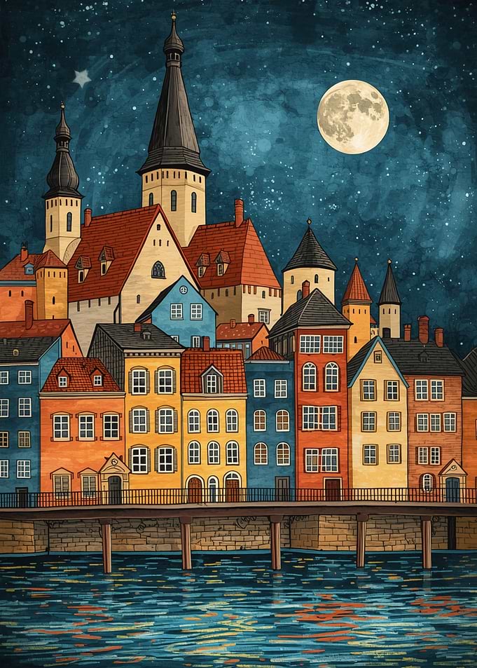 Colorful Cityscape at Night with Moon