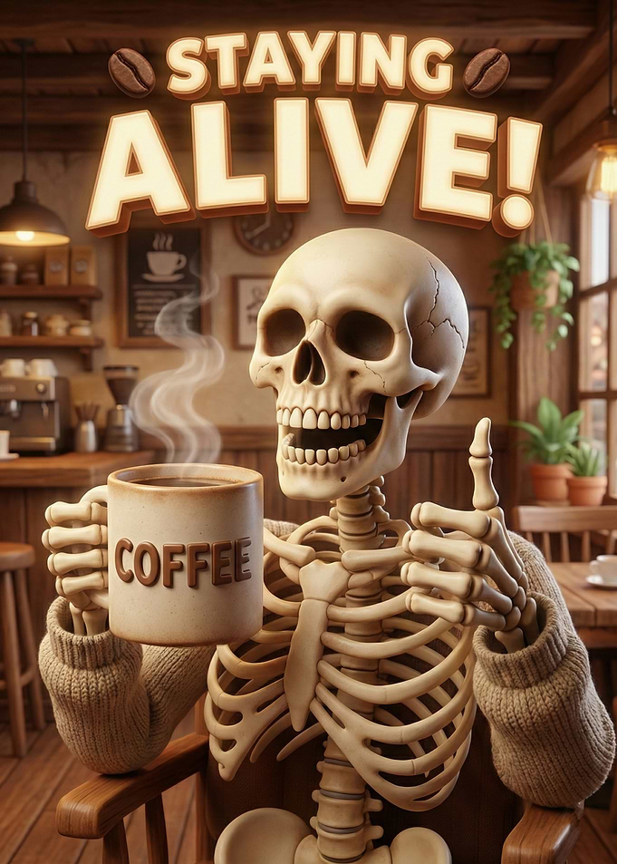 Skeleton Drinking Coffee: Staying Alive
