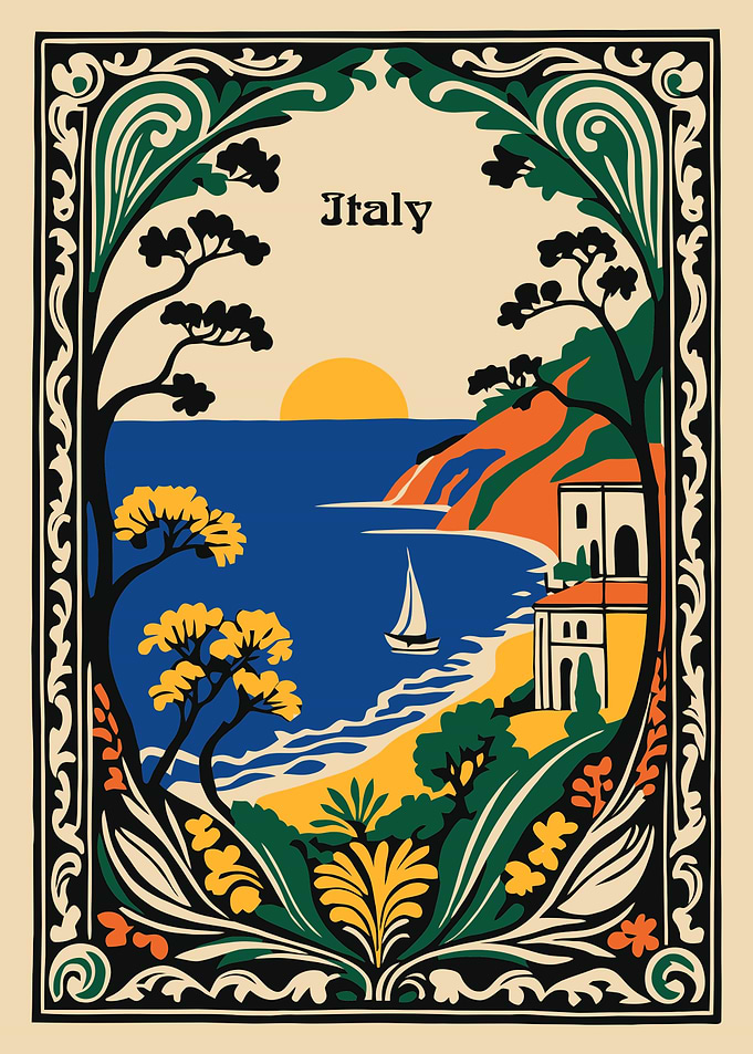 Italy Coastal Landscape Art Nouveau Poster