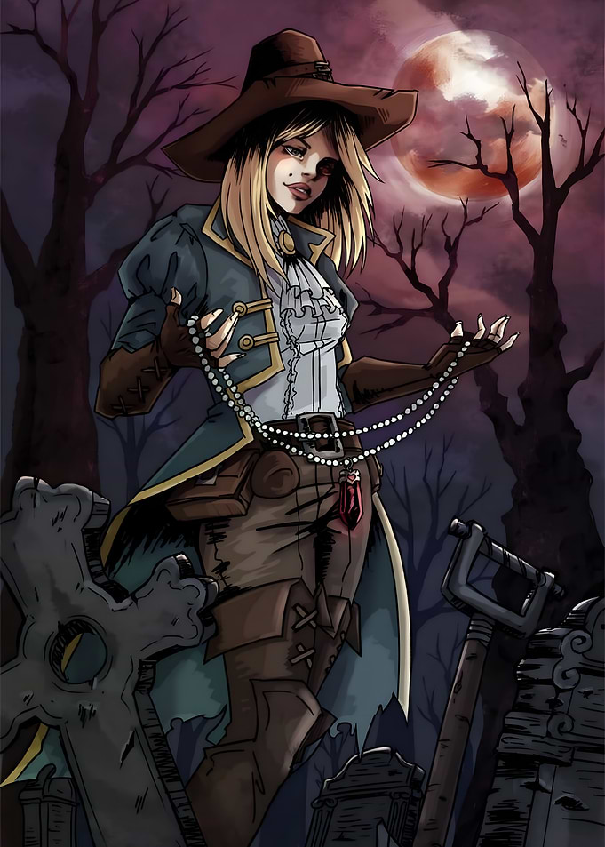 Female Vampire Hunter in Graveyard