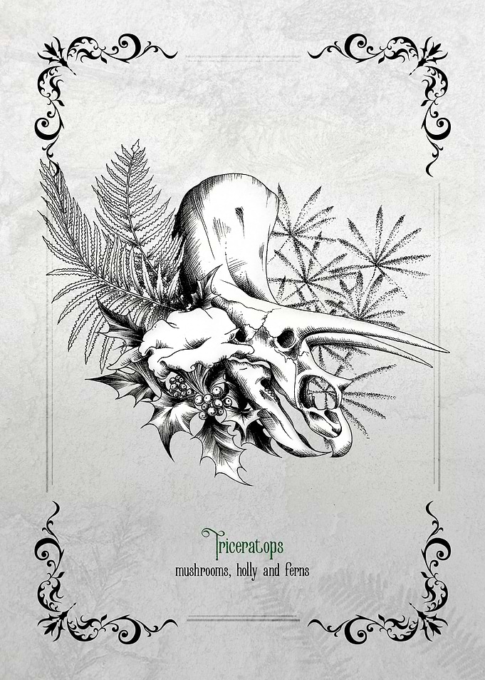 Triceratops Skull with Ferns and Holly (English version)