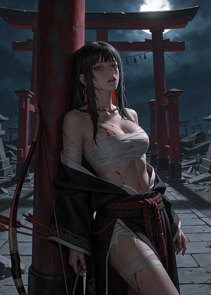 Wounded Archer Girl in Torii Landscape