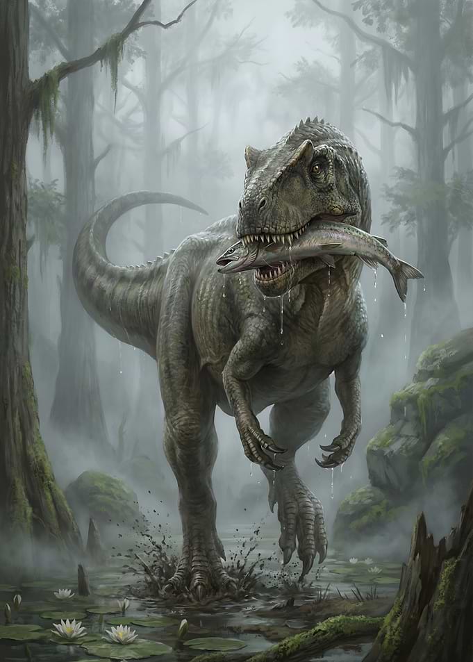 Dinosaur with Fish in Swamp
