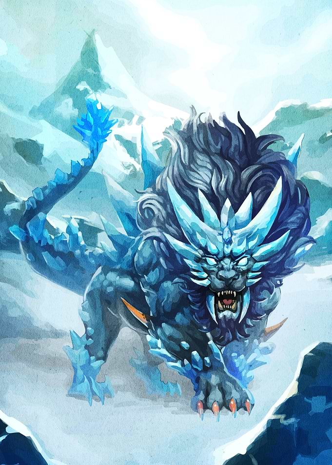 Icy Lion Creature in Snowy Landscape