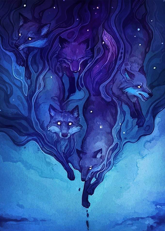 Mystical Foxes in Blue Hues