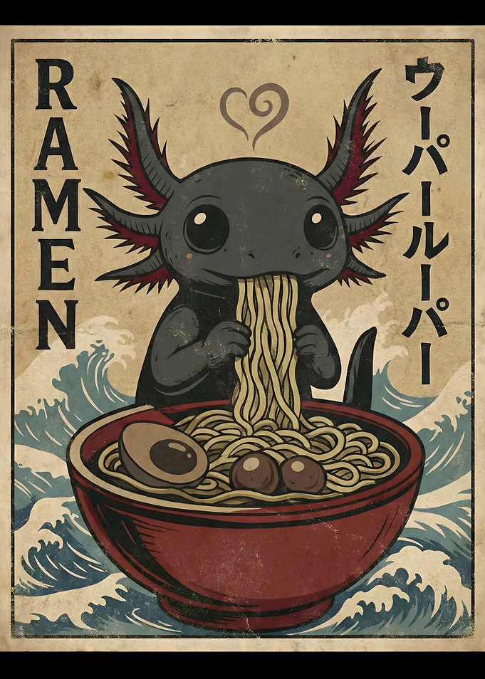 Adorable Ramen Axolotl Noodles Retro Japanese Art