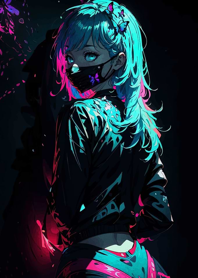 Cyberpunk Girl with Mask and Butterflies