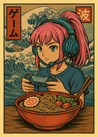 Anime Gamer Girl Poster, Japanese Ramen Art Print, Retro Waves Otaku Wall Decor