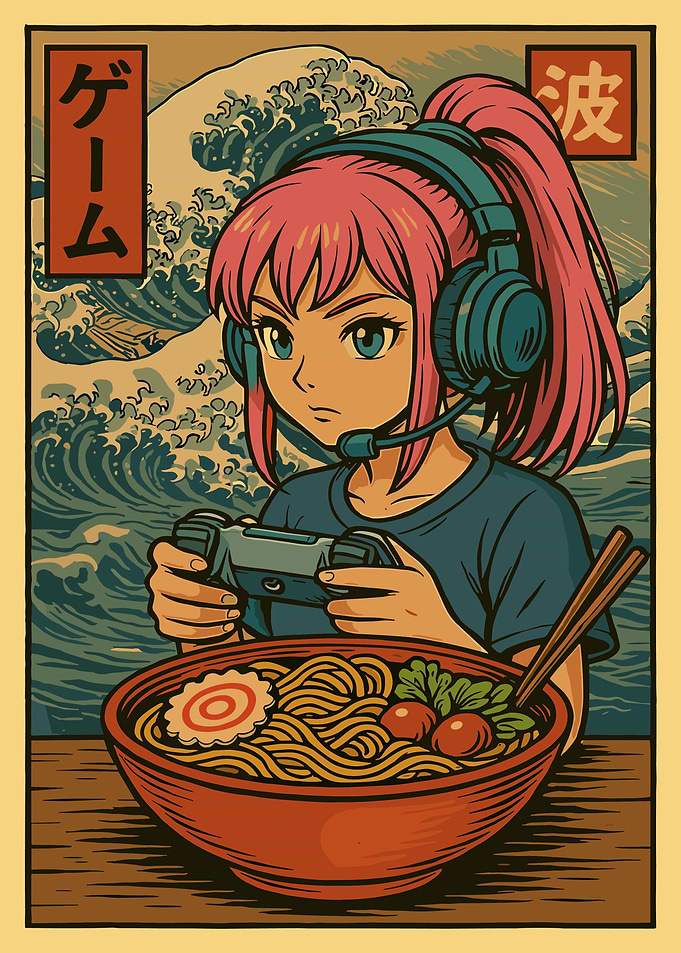 Anime Gamer Girl Poster, Japanese Ramen Art Print, Retro Waves Otaku Wall Decor