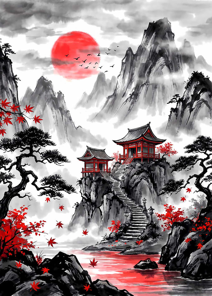 Japanese Landscape Red Moon