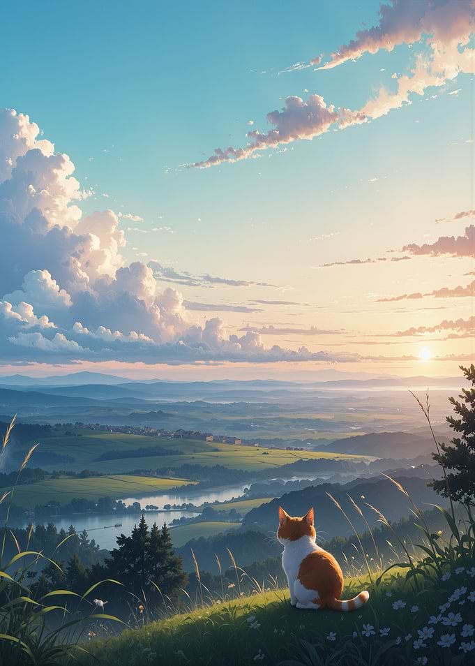 Cat gazing at landscape sunset