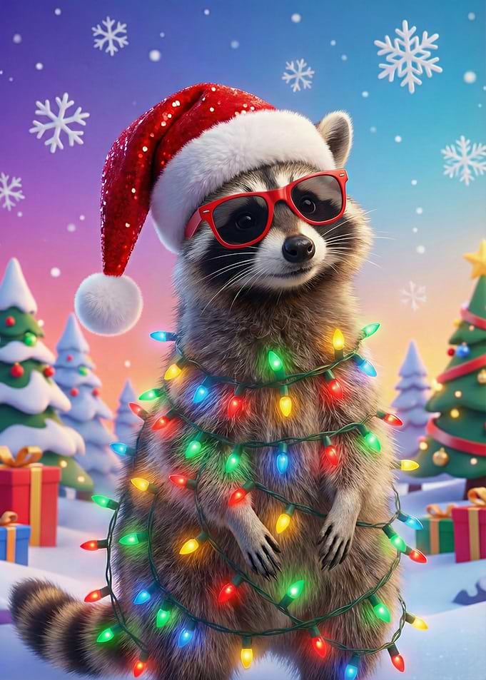 Christmas Raccoon with Lights and Hat