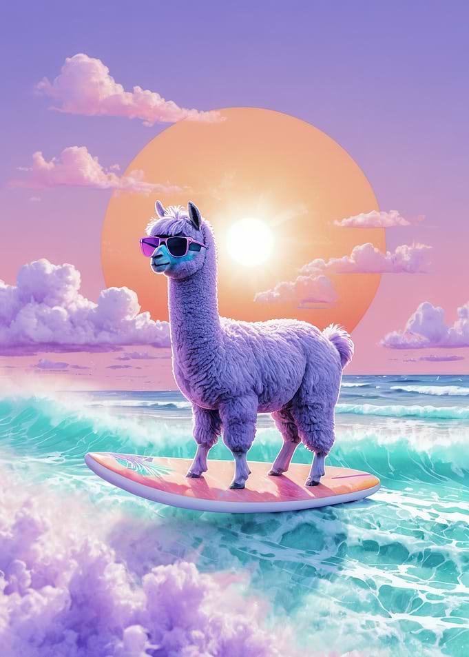 Surfing Alpaca at Pastel Sunset — Whimsical Beach Digital Art