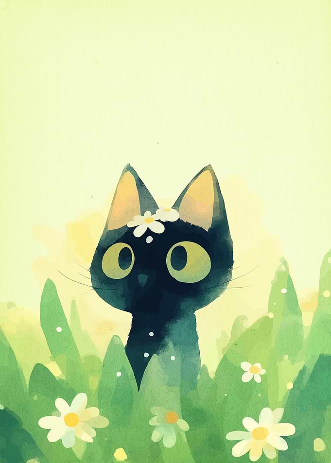 Black Cat with Daisies Illustration