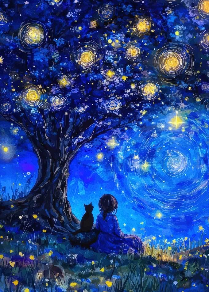 Girl and Cat Under Starry Tree