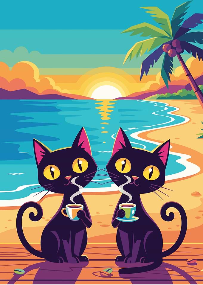 Cats drinking coffee on the beach