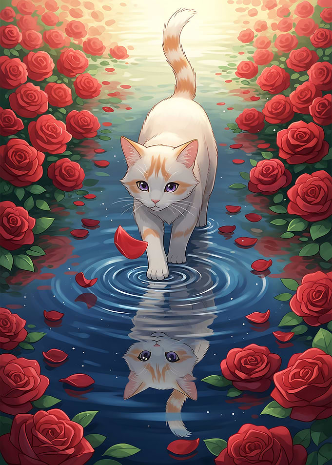 Cat walking on water with roses