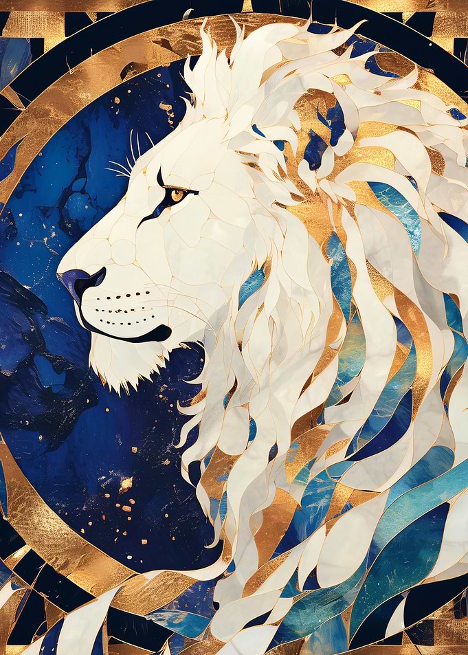 Lion Portrait in Blue and Gold