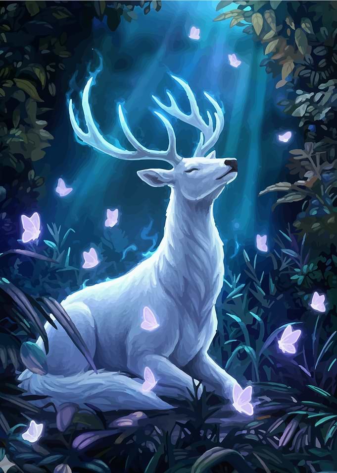 White Deer with Butterflies in Forest