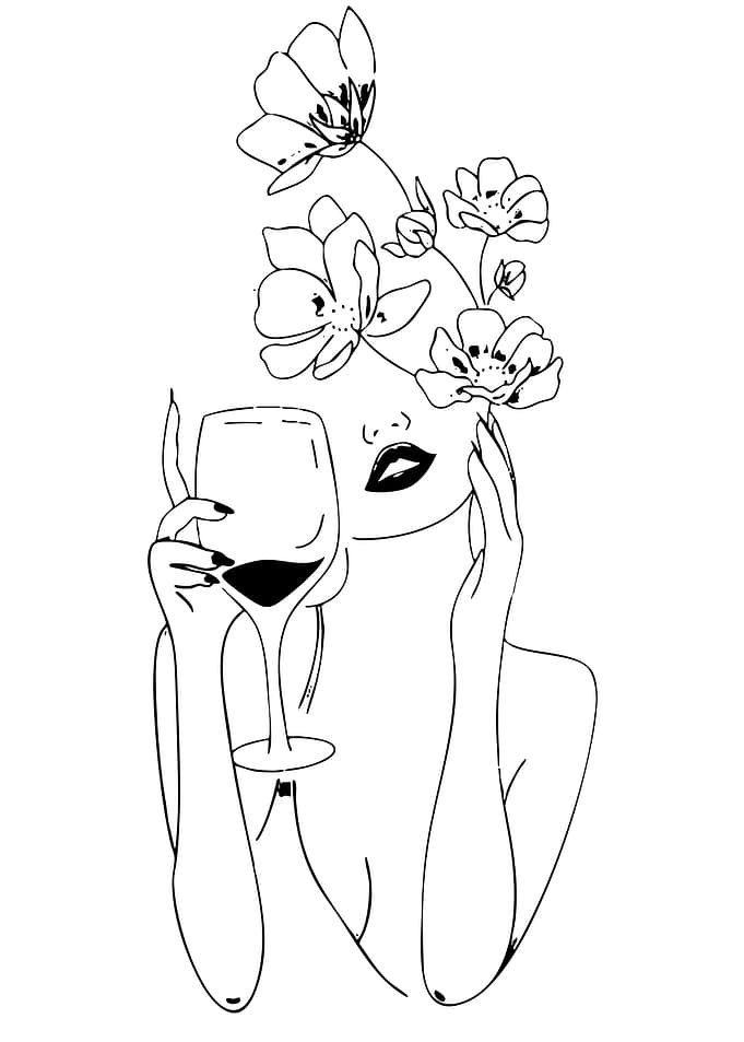 Woman with Wine and Flowers Line Art