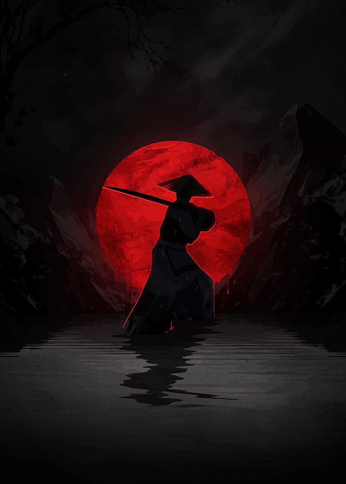 Samurai Silhouette with Red Moon