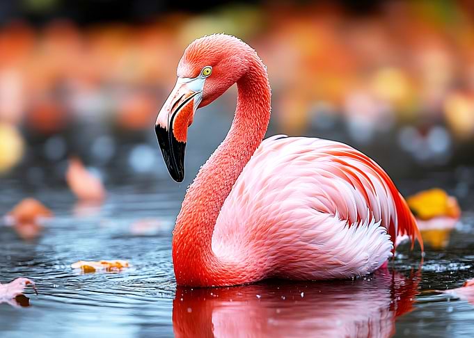 Flamingo in Water with Autumn Background