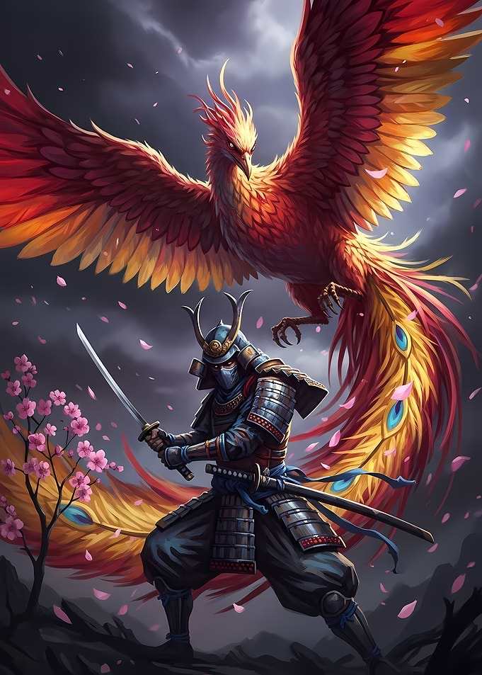 Samurai and Phoenix Digital Art