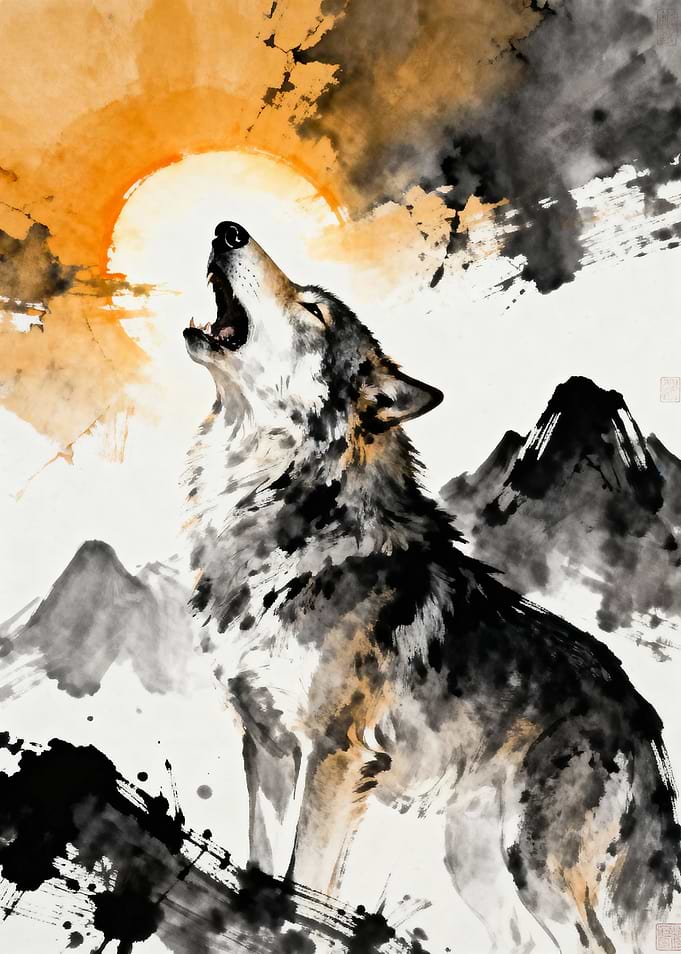 Howling Wolf Ink Painting