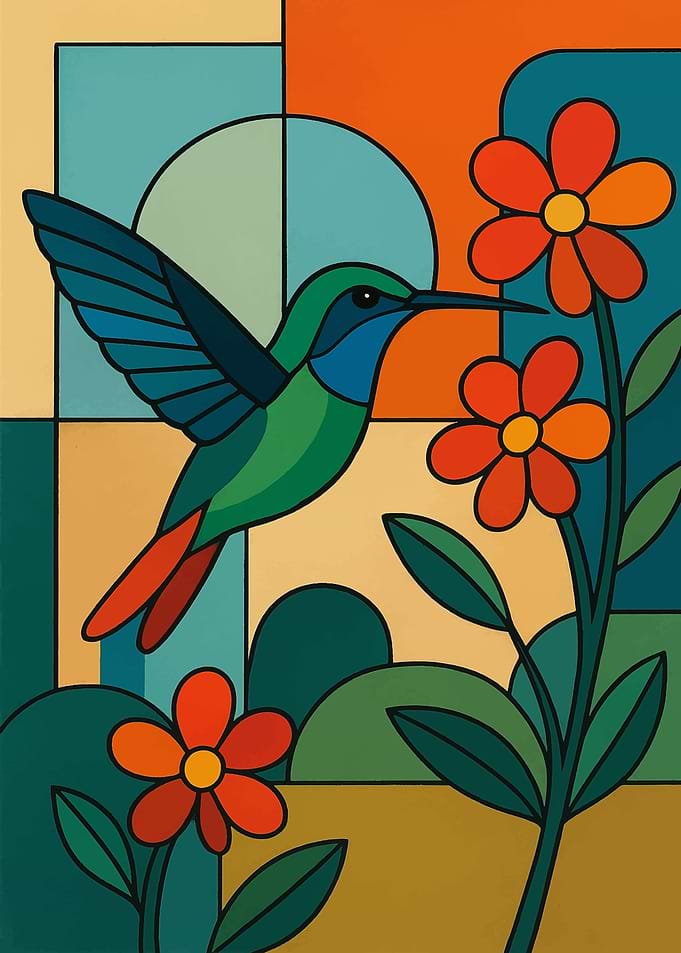Hummingbird and Flowers Geometric Art