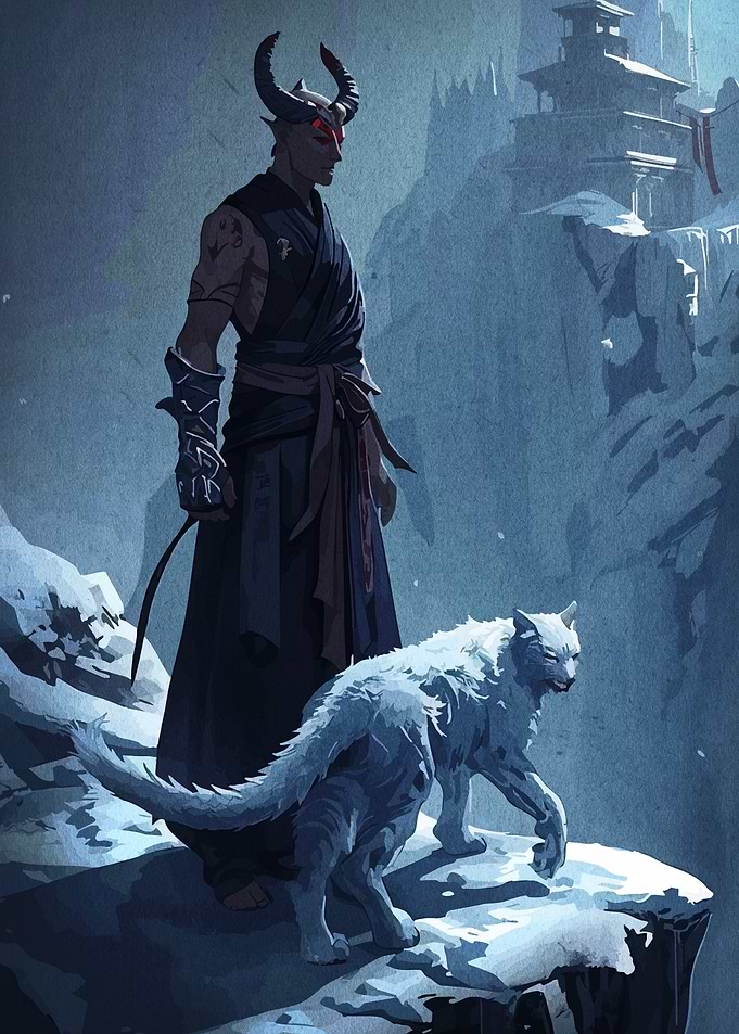 Demon and Wolf in Snowy Landscape