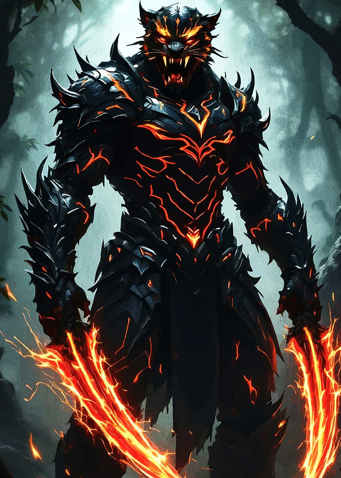 Armored Tiger Warrior with Fiery Blades