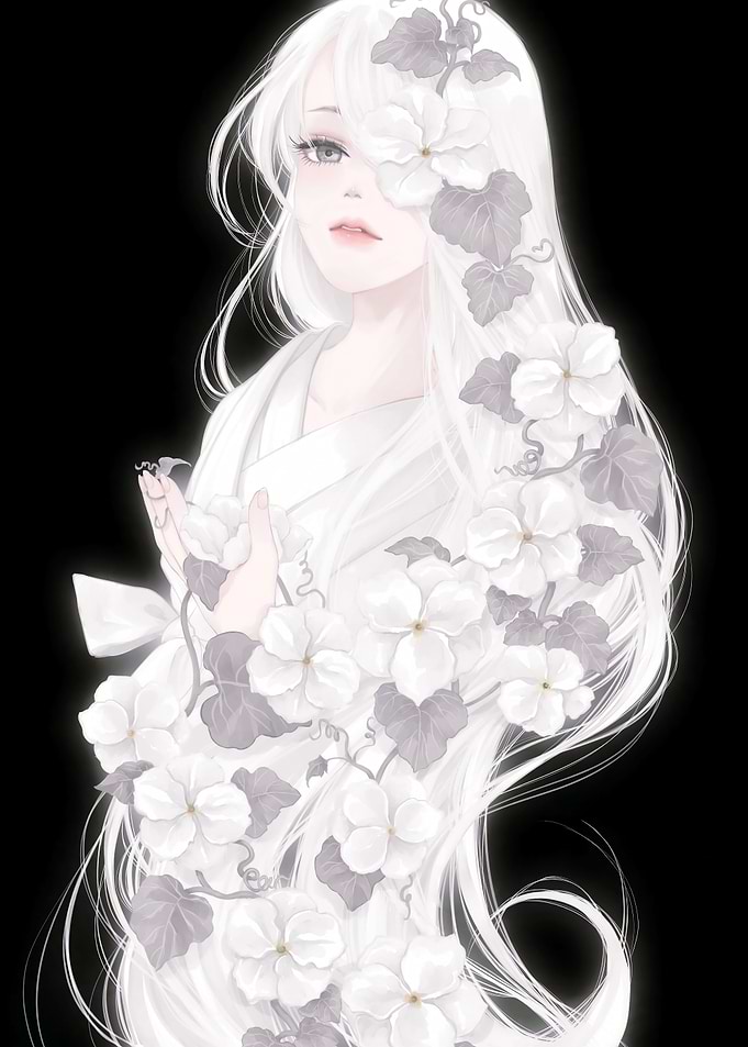 White-haired woman with floral adornments