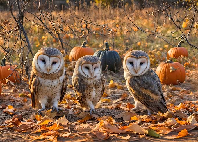 Three Owls with Pumpkins in Autumn Super Cute
